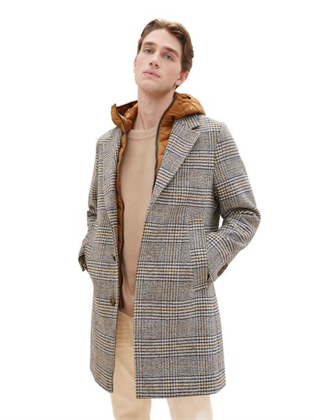 2-in-1 Wollmantel mit Kapuze beige brown wool check