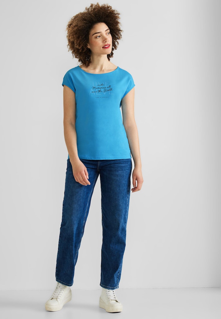 Street One Damen T-Shirt Basic T-Shirt mit Wording splash blue bequem  online kaufen bei