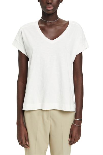 Baumwoll-T-Shirt mit V-Ausschnitt off white