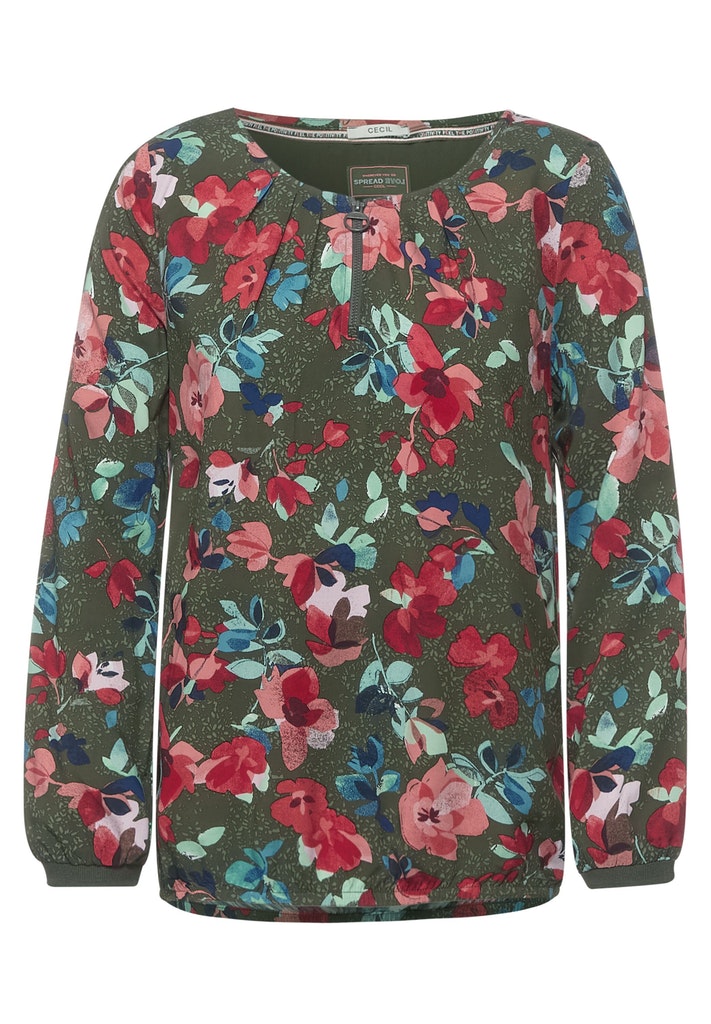 Cecil Damen Langarmbluse Bluse mit Print und Zipper utility olive bequem  online kaufen bei