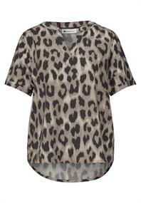 Bluse mit Split Neck und Animal Print timeless beige