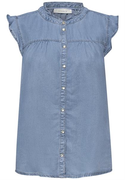 Blusentop mit Rundhals und Rüschendetails light blue soft wash