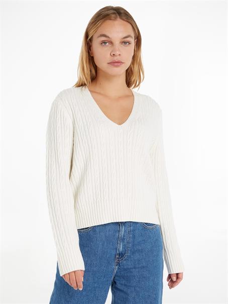 CABLE ALL OVER V-NK SWEATER ecru