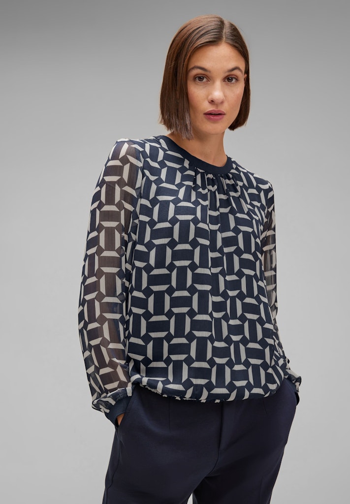 deep Damen Print mit bequem Langarmbluse bei kaufen blue Chiffonbluse One Street online