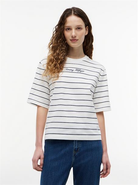 CLASSIC SCRIPT TRAPEZE TEE fine stp ecru - dark night navy