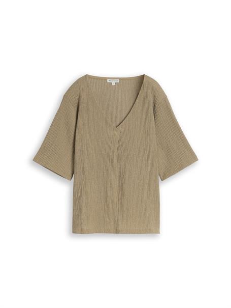 Crinkle T-Shirt mit V-Ausschnitt olive white structure