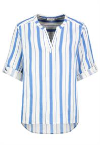 DOB Bluse, 3/4 Arm mit Aufschlag, Rundhals mit Stehkragen und Knopfleiste, Rückteil länger als VTRüc white-marina blue stripes
