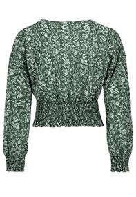 DOB Bluse, langarm, V-Ausschnitt, gesmockter Teil am breiten Bund hinten +Ärmelbündchen, Style Ref # dunkelgrün - weiß