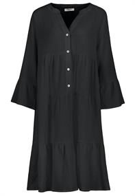 DOB MIDI Volant Kleid mit Knopfleiste+ 4 Knöpfe,V-Ausschnitt mit angesetzter Blende black
