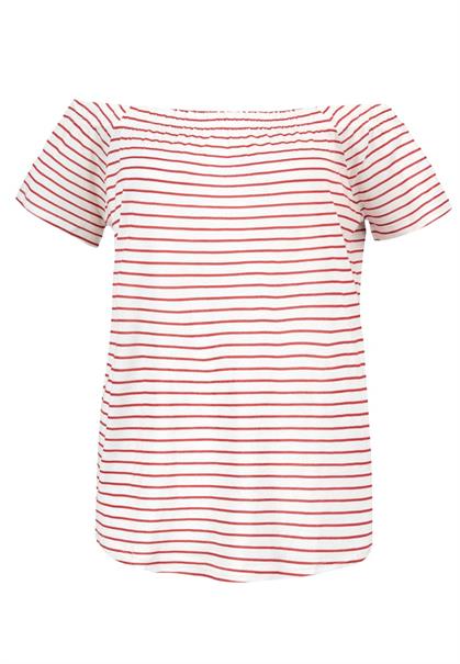 DOB Shirt,kurzarm,Carmenausschnitt mit Raffung,Streifen-Druck white-bright hibiscus red stripes