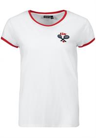 DOB Shirt,kurzarm,Rundhals und Ärmelöffnungenmit Blende in Kontrastfarbe,verschiedene Stickereien au white