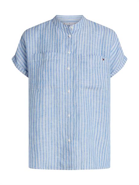 ESS LINEN COLLARLESS S/S BLOUSE multiple stp- blue spell