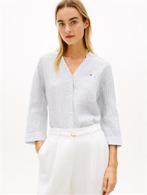 ESS LINEN COLLARLESS SHIRT chalk stp ecru blue orbit