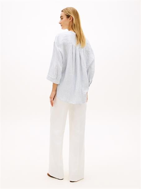 ESS LINEN COLLARLESS SHIRT chalk stp ecru blue orbit