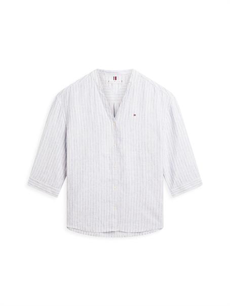 ESS LINEN COLLARLESS SHIRT chalk stp ecru blue orbit