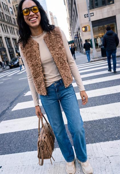 Fake Fur Weste mit Rundhals und Zipper honey brown