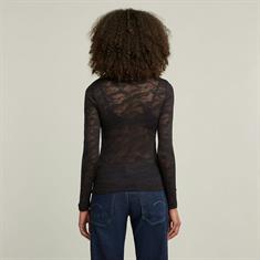Fine lace aop slim r t wmn l\s dk black lace wave