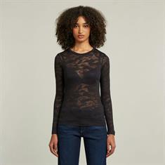 Fine lace aop slim r t wmn l\s dk black lace wave