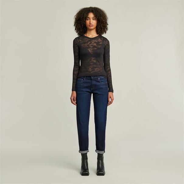 Fine lace aop slim r t wmn l\s dk black lace wave