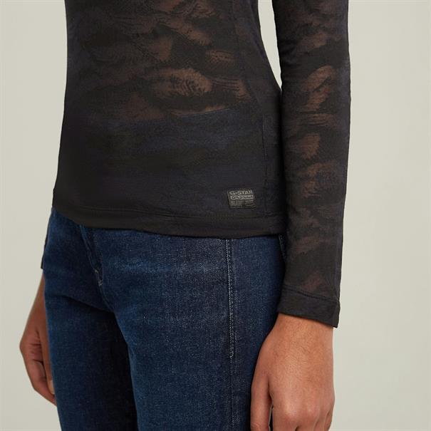 Fine lace aop slim r t wmn l\s dk black lace wave