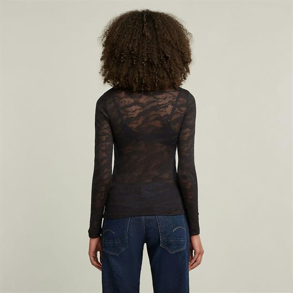 Fine lace aop slim r t wmn l\s dk black lace wave