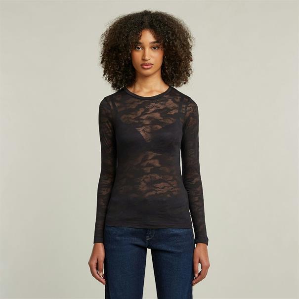 Fine lace aop slim r t wmn l\s dk black lace wave