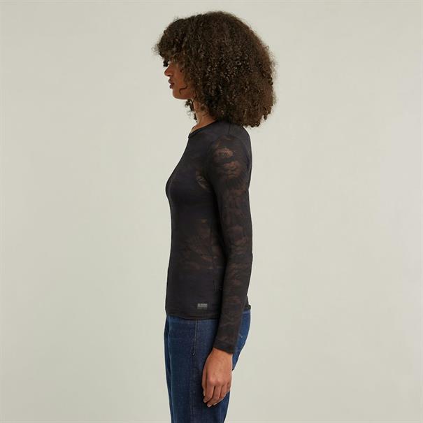 Fine lace aop slim r t wmn l\s dk black lace wave