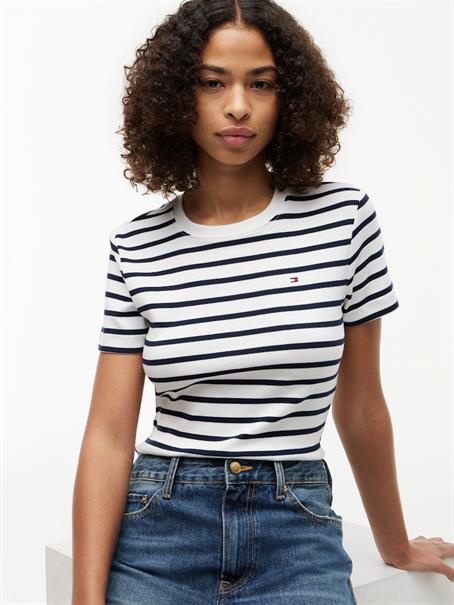 Flag Embroidery Crew Neck Slim T-Shirt breton- ecu- dark night navy