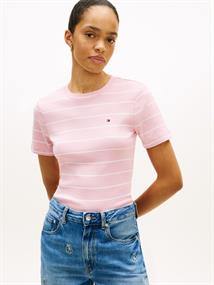 Flag Embroidery Crew Neck Slim T-Shirt fine stp bonita pink - ecru