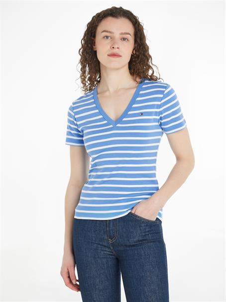 Flag Embroidery V-Neck Slim T-Shirt breton stp- blue spell- ecru