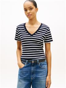 Flag Embroidery V-Neck Slim T-Shirt nos breton desert sky- ecru