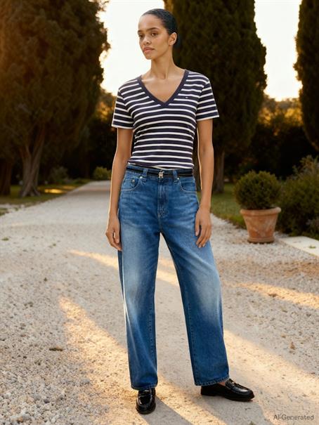 Flag Embroidery V-Neck Slim T-Shirt nos breton desert sky- ecru