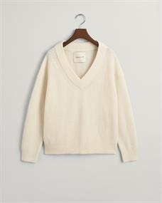 Gerippter V-Neck Wollpullover cream