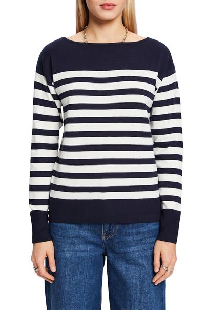 Gestreiftes Baumwoll-Sweatshirt mit Bootausschnitt navy