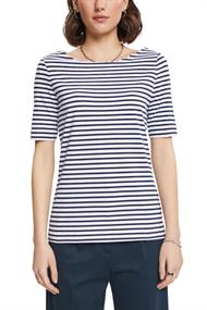 Gestreiftes Baumwoll-T-Shirt mit U-Boot-Ausschnitt white