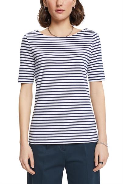 Gestreiftes Baumwoll-T-Shirt mit U-Boot-Ausschnitt white