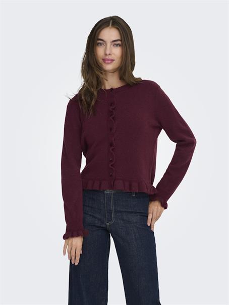 JDYLETTY L/S ON FRILL CARDIGAN KNT NOOS maroon banner