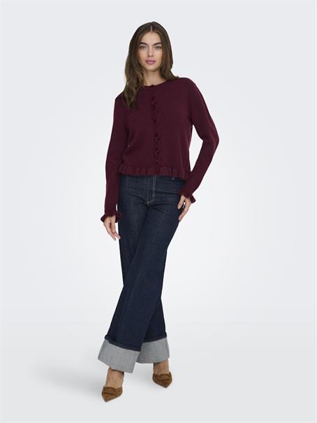 JDYLETTY L/S ON FRILL CARDIGAN KNT NOOS maroon banner