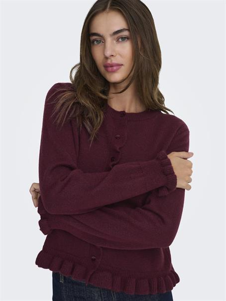 JDYLETTY L/S ON FRILL CARDIGAN KNT NOOS maroon banner