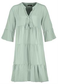 Kleid mit Volants, midi, 3/4 Ärmel mit Volant,V-Ausschnitt mit Blende und Steg, Teilungsnähte, Gedre jadeite green