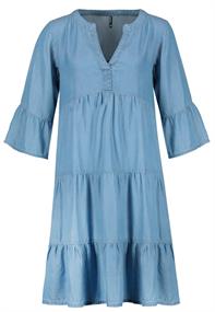 Kleid mit Volants, midi, 3/4 Ärmel mit Volant,V-Ausschnitt mit Blende und Steg, Teilungsnähte middle blue denim m250