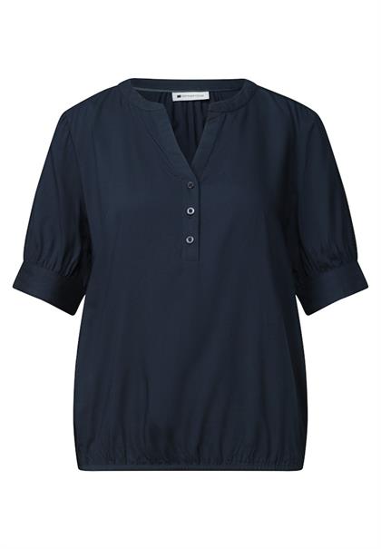 Kurzarm Bluse mit Split Neck und Elastiksaum darkest blue