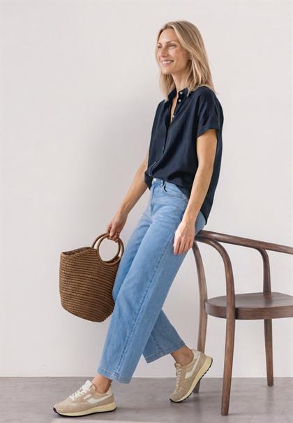 Kurzarm Bluse mit Split Neck und Elastiksaum darkest blue