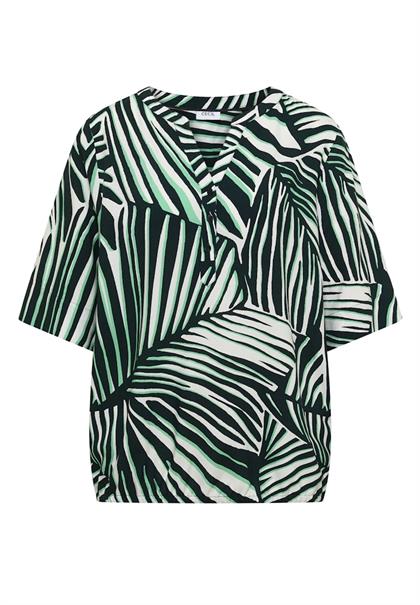 Kurzarm Bluse mit Split Neck und Print palm breeze green