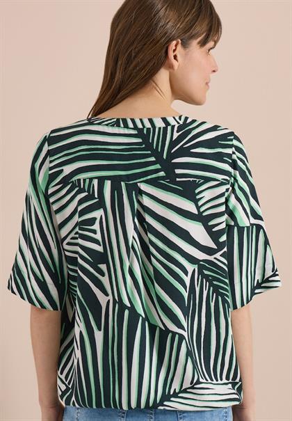 Kurzarm Bluse mit Split Neck und Print palm breeze green