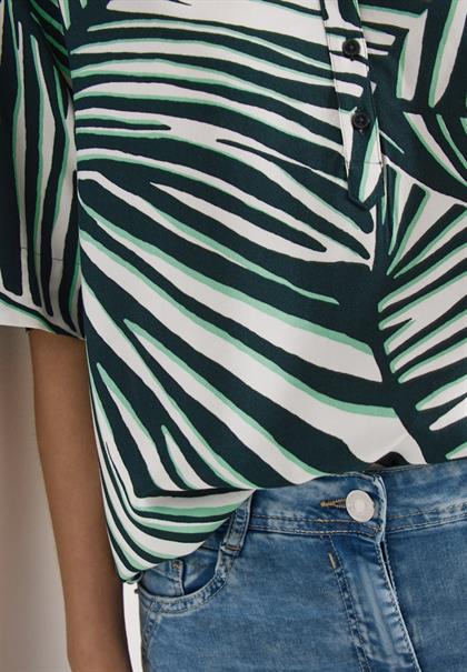 Kurzarm Bluse mit Split Neck und Print palm breeze green
