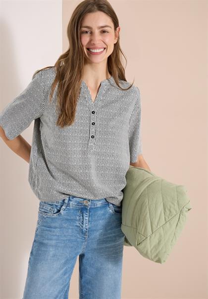 Kurzarm Bluse mit Split Neck und Streifen palm breeze green