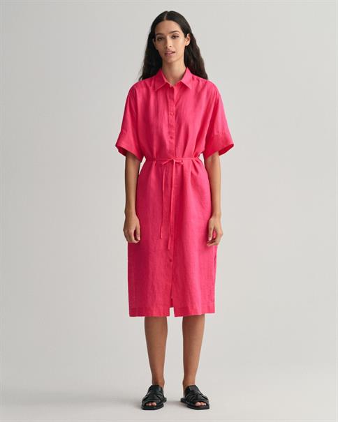 Kurzarm Hemdblusenkleid aus Leinen magenta pink
