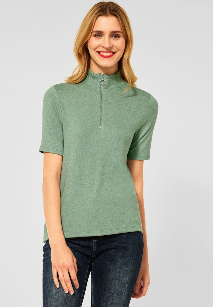 Street One Damen T-Shirt Kurzarmshirt mit Zipper light set grey melange  bequem online kaufen bei