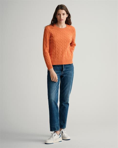 Lambswool Rundhalspullover mit Zopfmuster golden orange